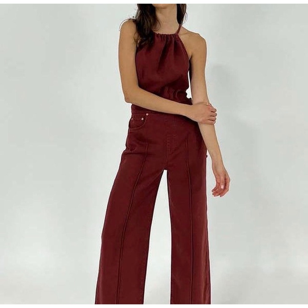 Etica Cami Halter Jumpsuit XS Sepia Rust Denim Wide Leg Frayed Hem Halter Boho
